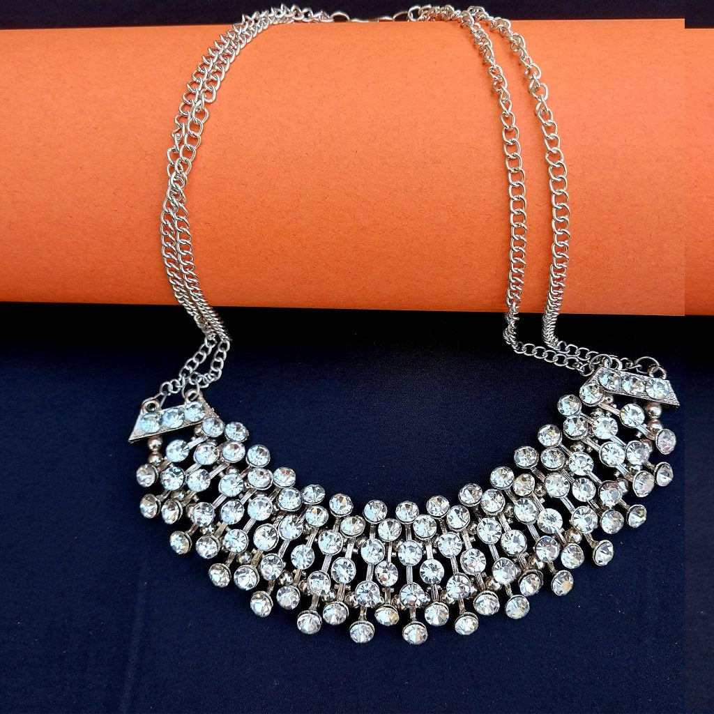 Dual Chain American Diamond,Oxidised silver Choker Set