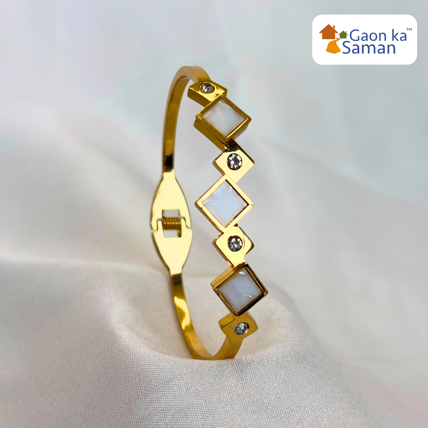 Gold Plated Artificial Stones Studded Anti-Tarnish Enamelled Cuff Bracelet
