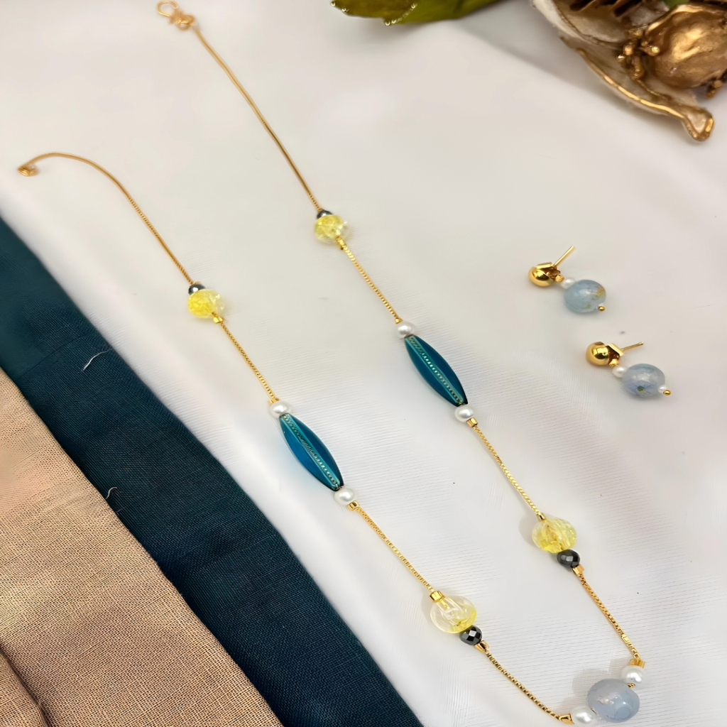 Central Sky-blue Stone & multicolor stones | Chain set | Minimal necklace / Necklace Set | Girls & Women