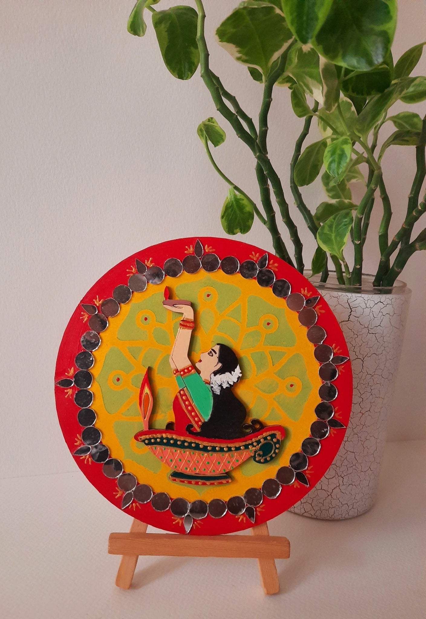 Handpainted 6" mdf plate with mdf cutouts and mirrorwork on stand-6