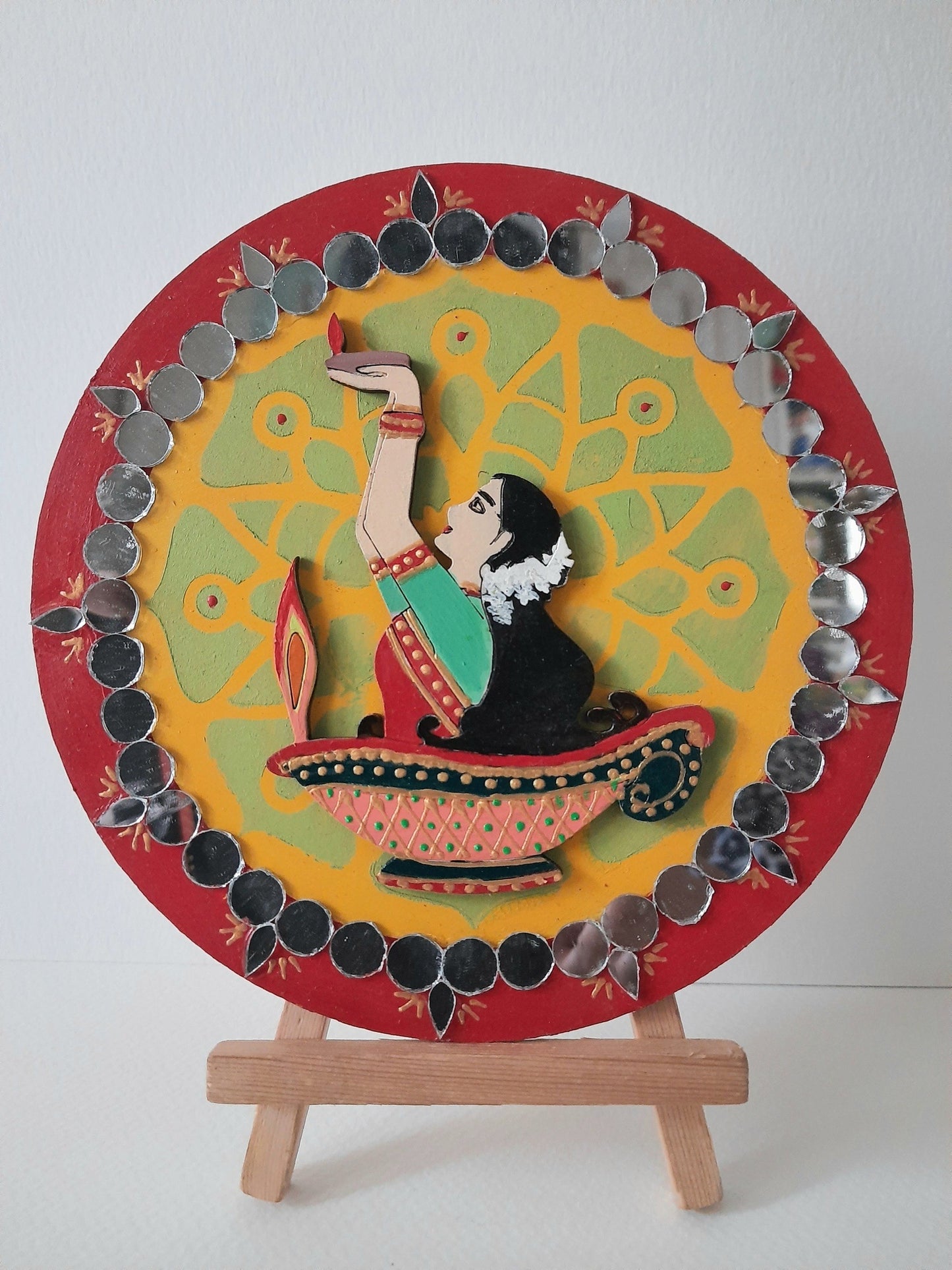 Handpainted 6" mdf plate with mdf cutouts and mirrorwork on stand-6