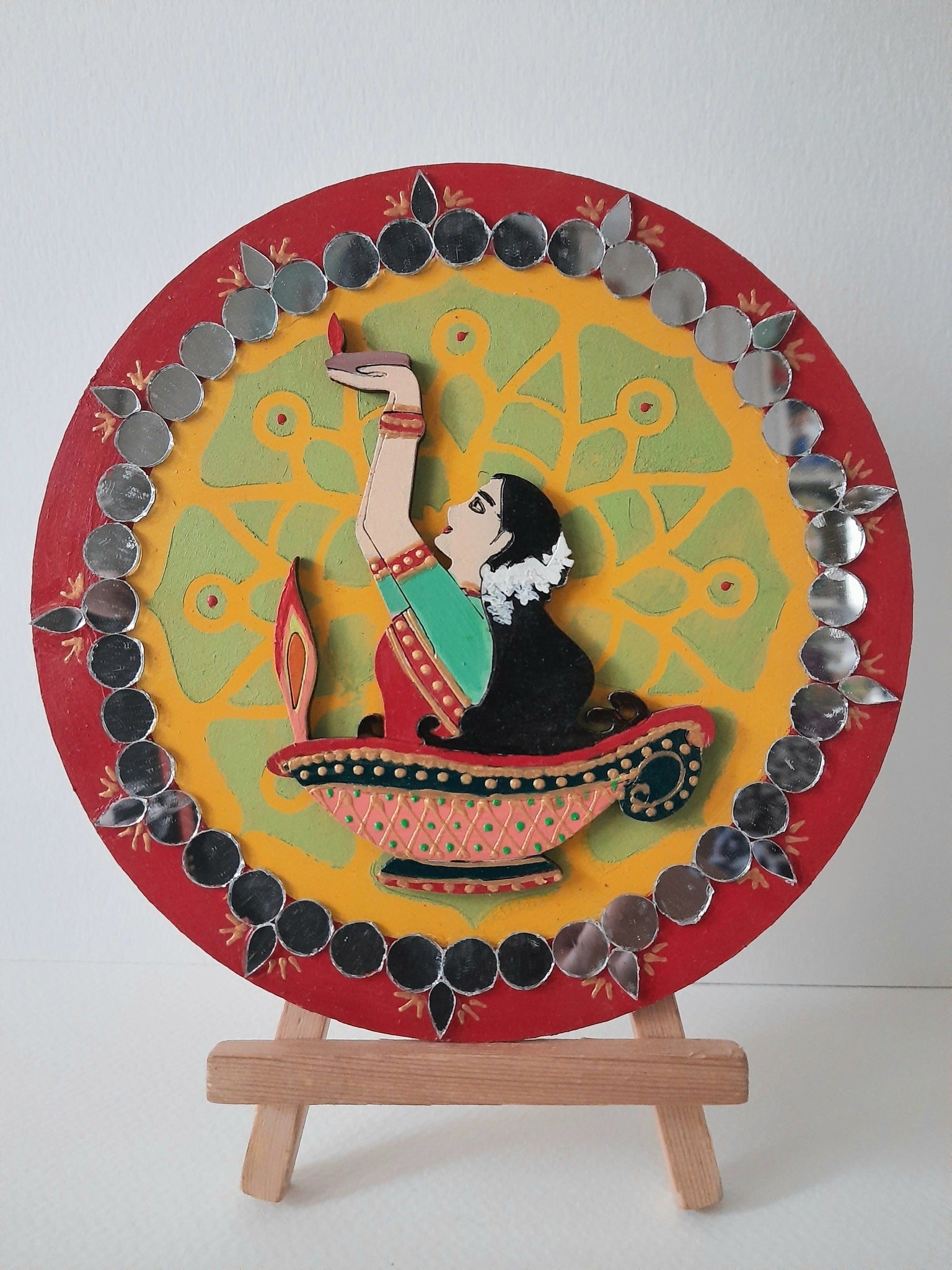 Handpainted 6" mdf plate with mdf cutouts and mirrorwork on stand-6