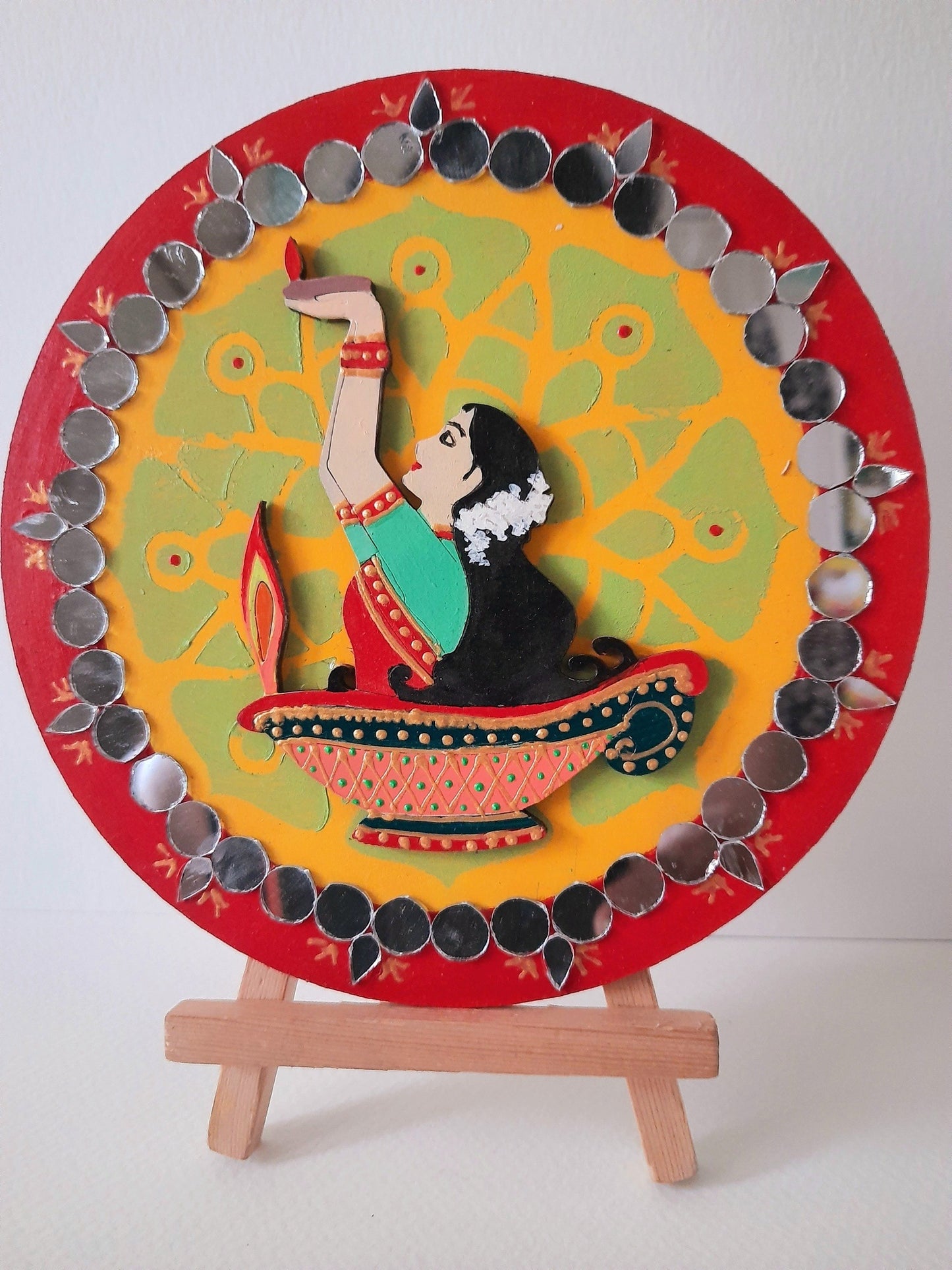 Handpainted 6" mdf plate with mdf cutouts and mirrorwork on stand-6
