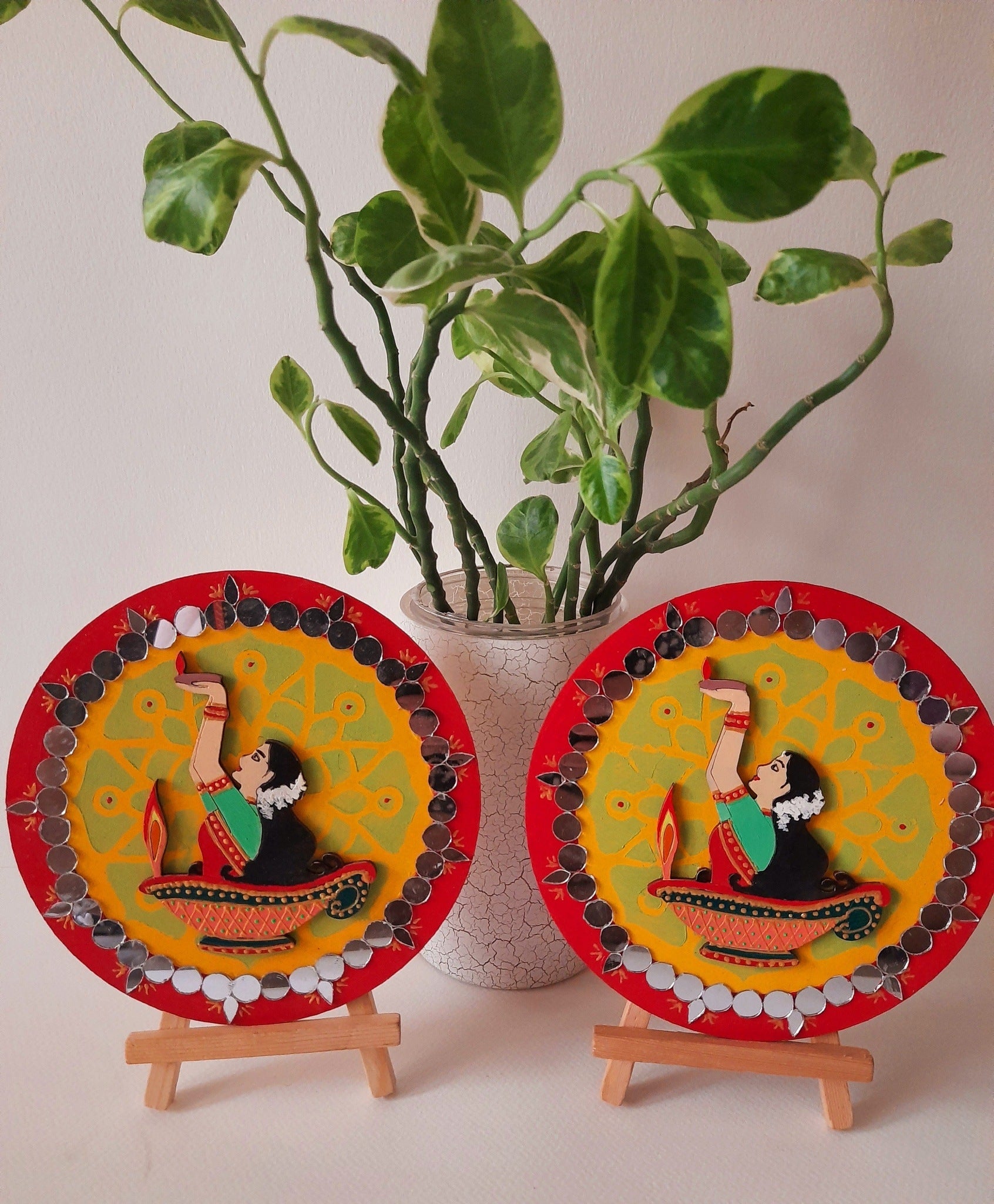 Handpainted 6" mdf plate with mdf cutouts and mirrorwork on stand-6
