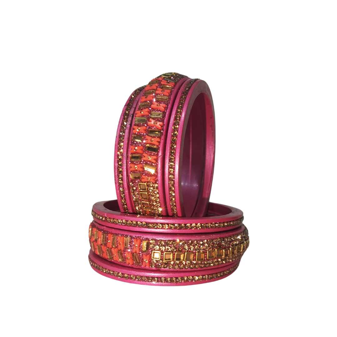 Rectangle Crystal Stone & Gold Zircon Lakh Bangles Traditional Bangles Set of 6 | For Girls and Women