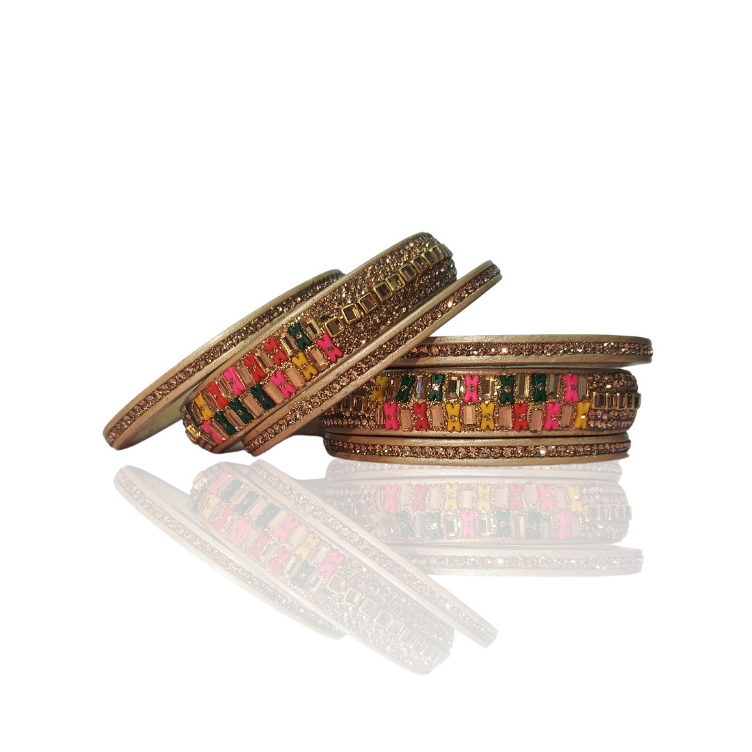 Rectangle Crystal Stone & Gold Zircon Lakh Bangles Traditional Bangles Set of 6 | For Girls and Women