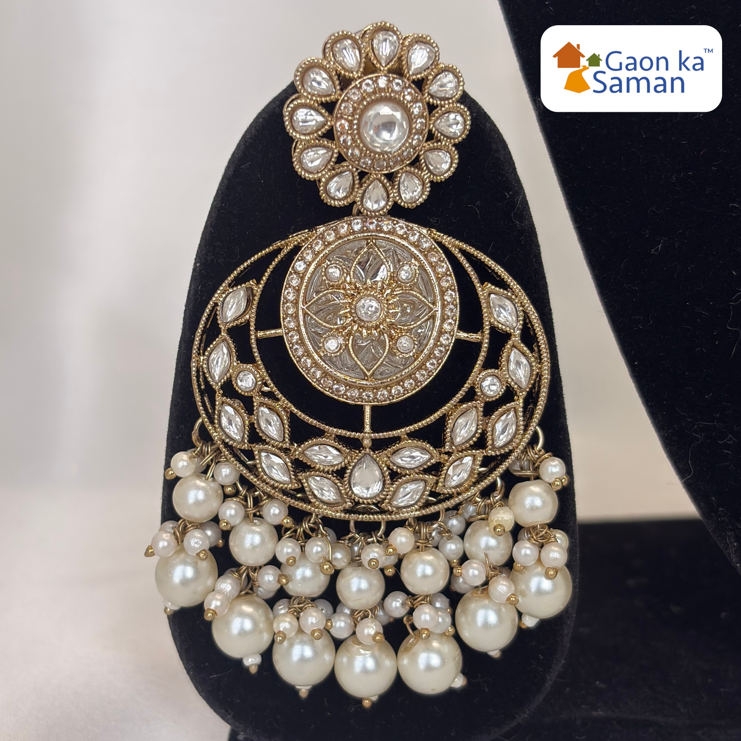 Stone Studded Brass Heavy Necklace Set With Earrings And Mangtika