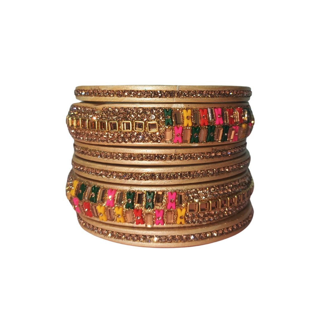 Rectangle Crystal Stone & Gold Zircon Lakh Bangles Traditional Bangles Set of 6 | For Girls and Women