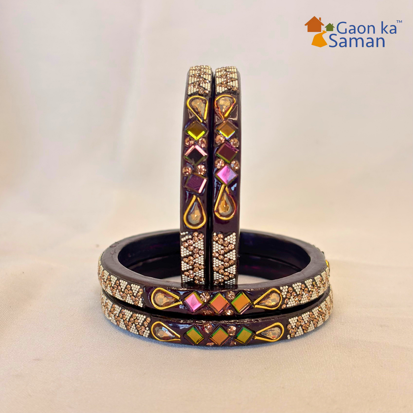 Lac Bangles with Beautiful Rhinestones Design (Pack of 4)