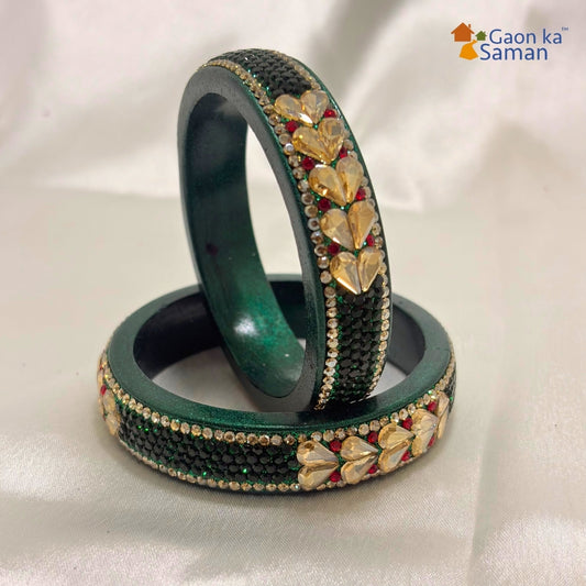 Green Kundan Topaz Fitted Kada Latest Design Rajasthani Bangles | Set of 2 lakh Bangles | Traditional Kada | For Women and Girls