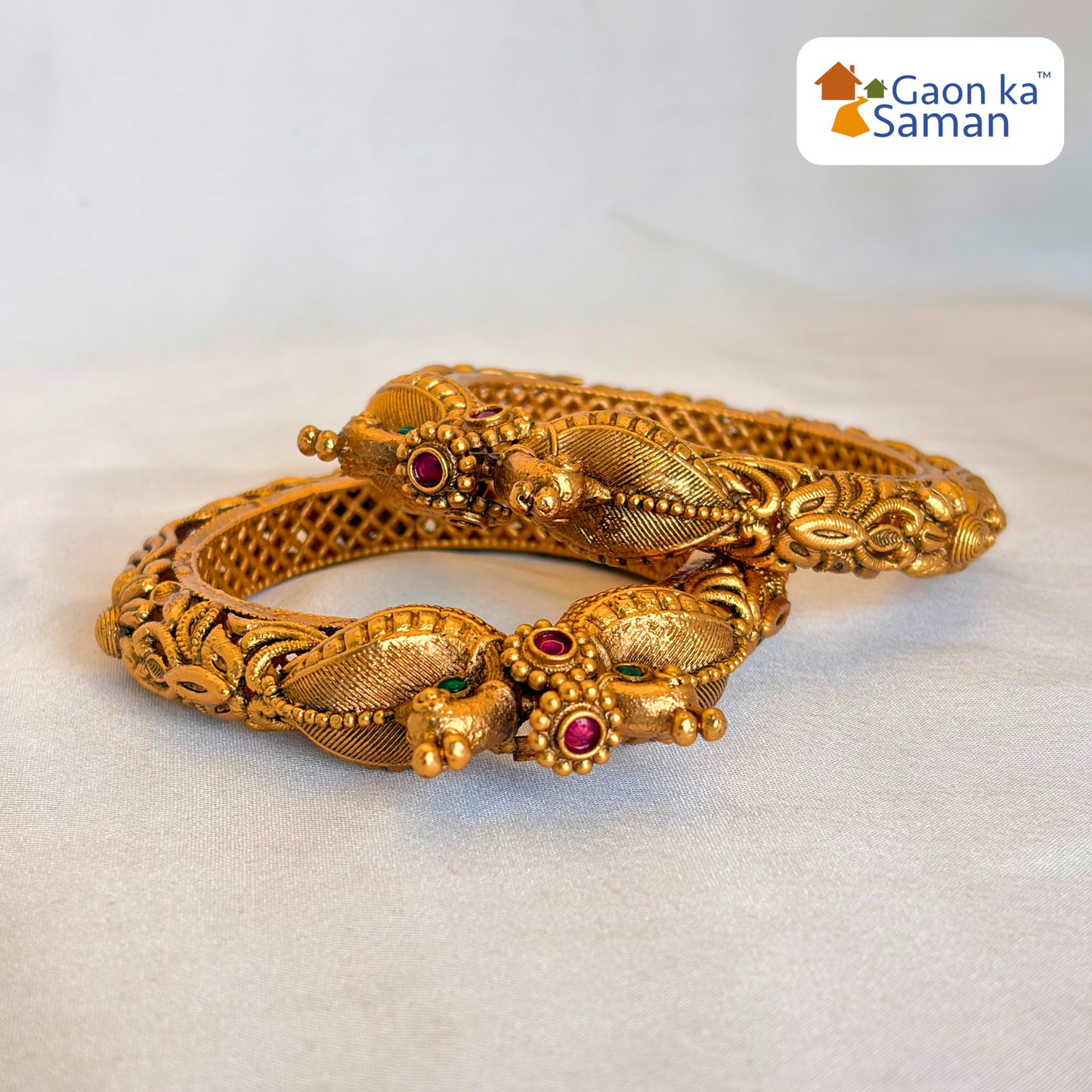 Gold Plated Stones Carved Peacock Floral Openable Bangles (set of 2)