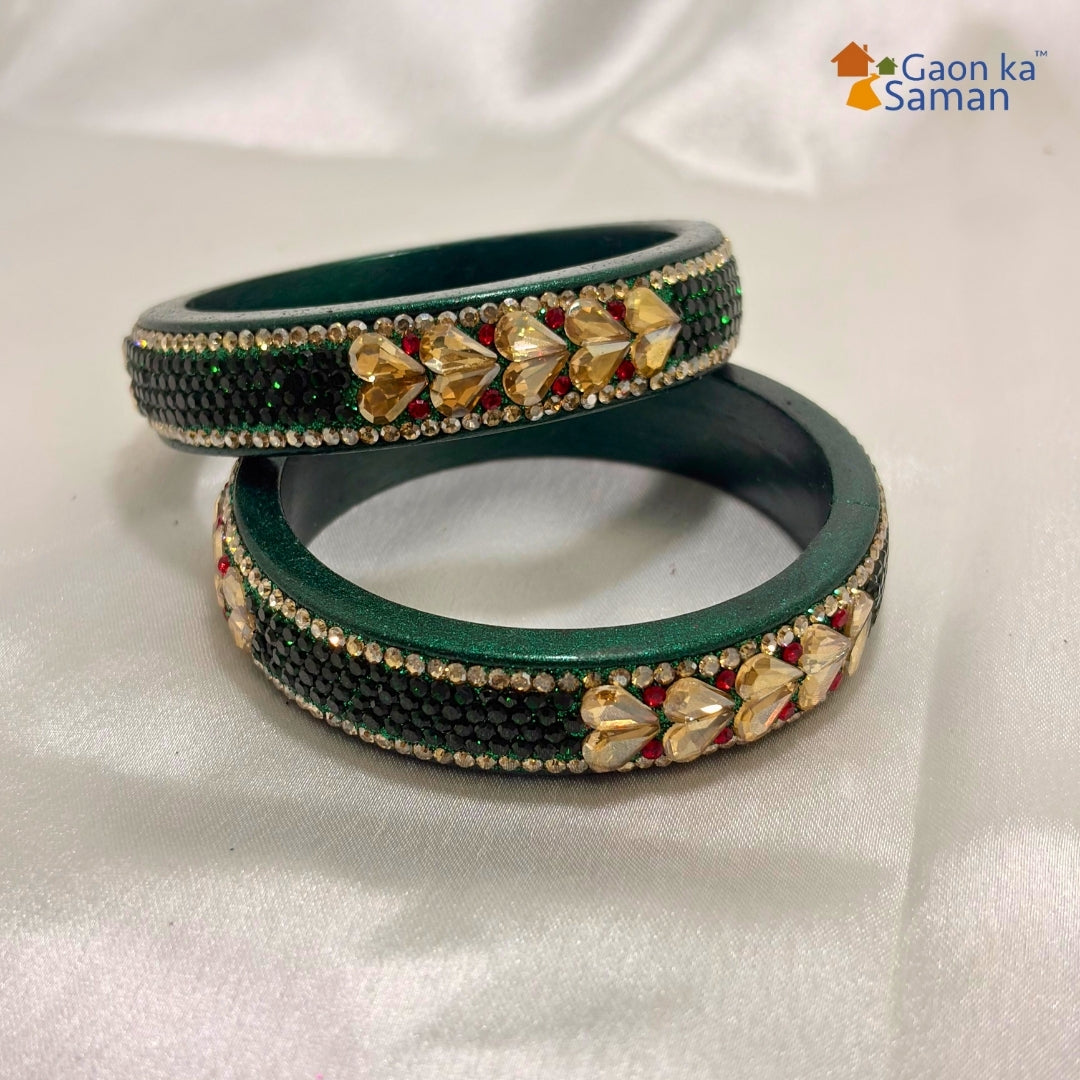 Green Kundan Topaz Fitted Kada Latest Design Rajasthani Bangles | Set of 2 lakh Bangles | Traditional Kada | For Women and Girls