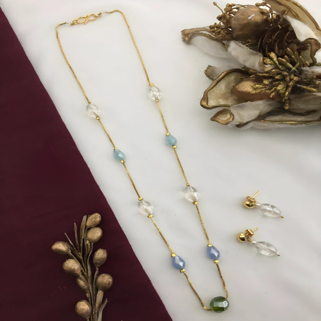 Central Green Stone & multicolor stones | Chain set | Minimal Necklace |For women & Girls