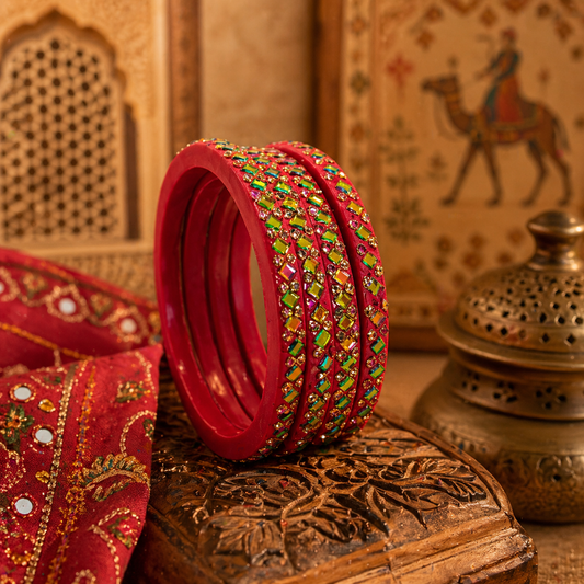 Rajasthani Lac Bangles with Mirror and Stone Embellishments (Set of 4)