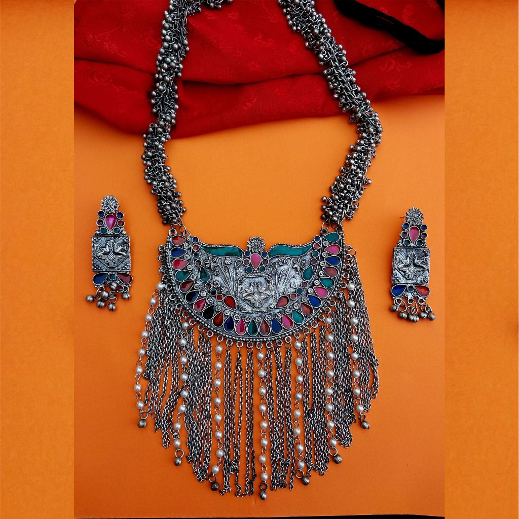 Afgani Peacock Feather Rani Haar,Oxidized Necklace