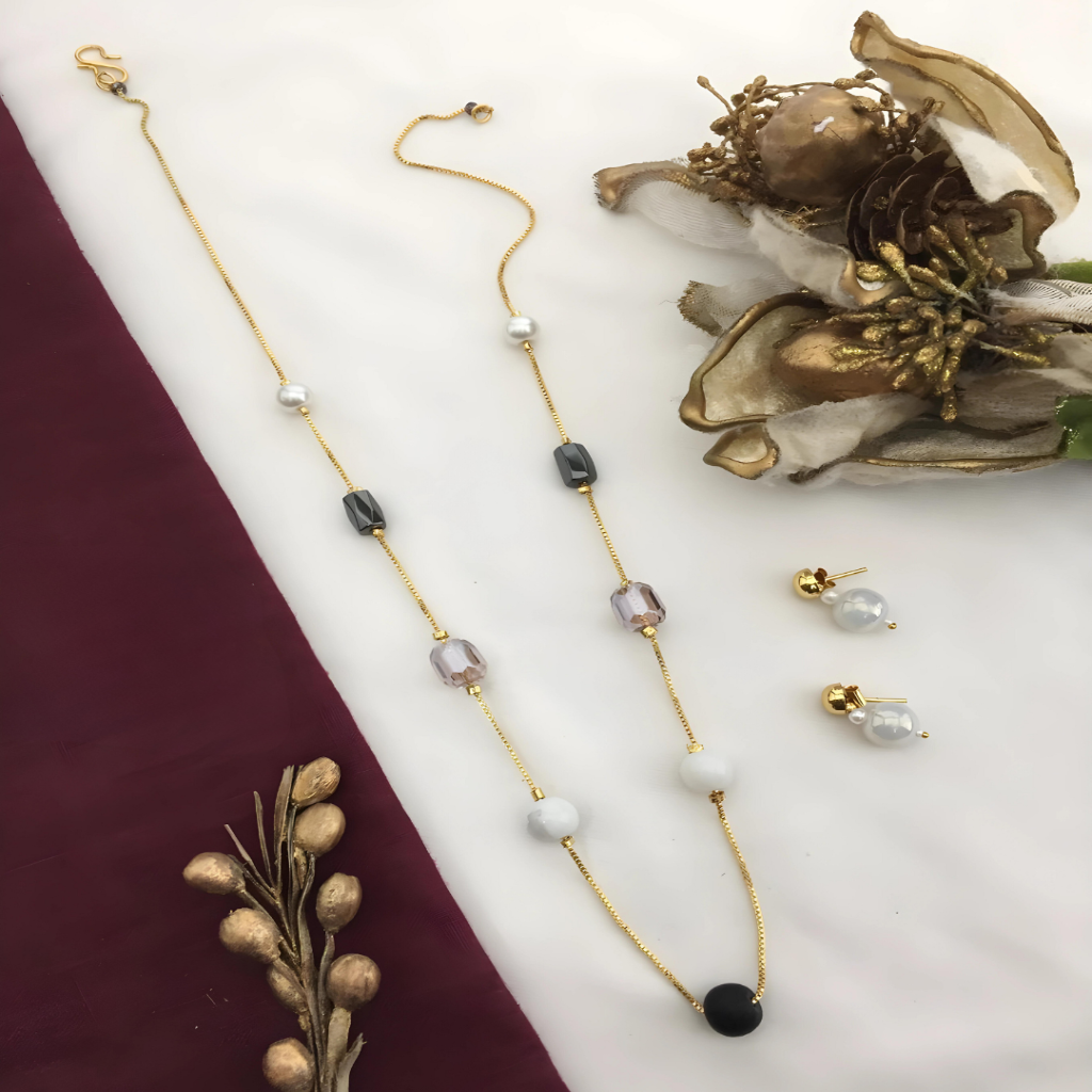 Central Black Stone and multicolor stone | Chain set | Minimal Necklace |For women & Girls