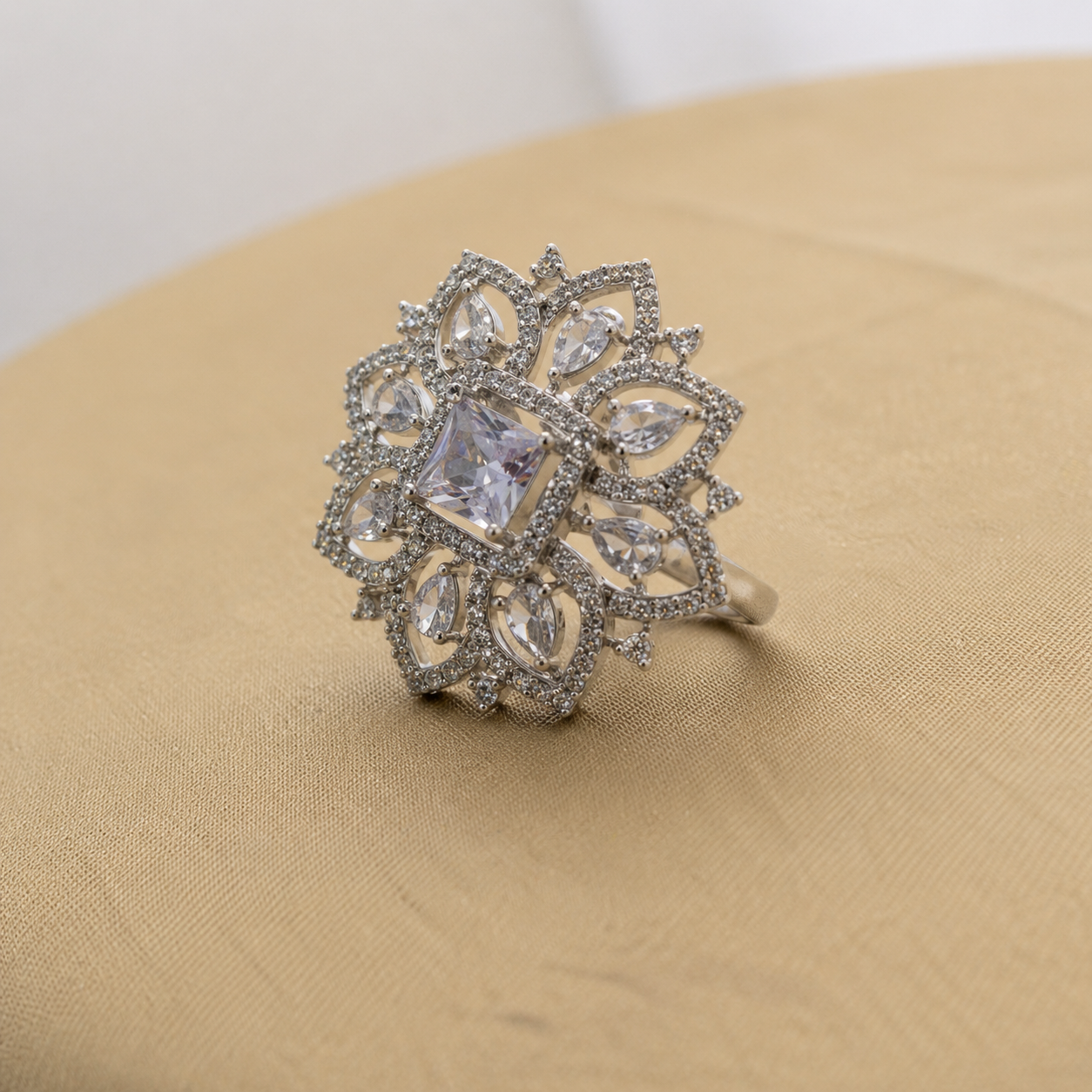 Rhodium Plated Adjustable American Diamond Ring