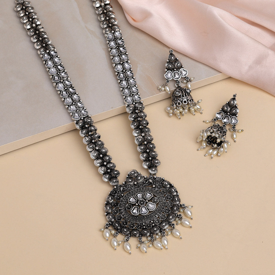 Green Kundan German Silver Oxidized Rani-Haar | Long Necklace Set | Kundan Necklace Set | For Women & Girls