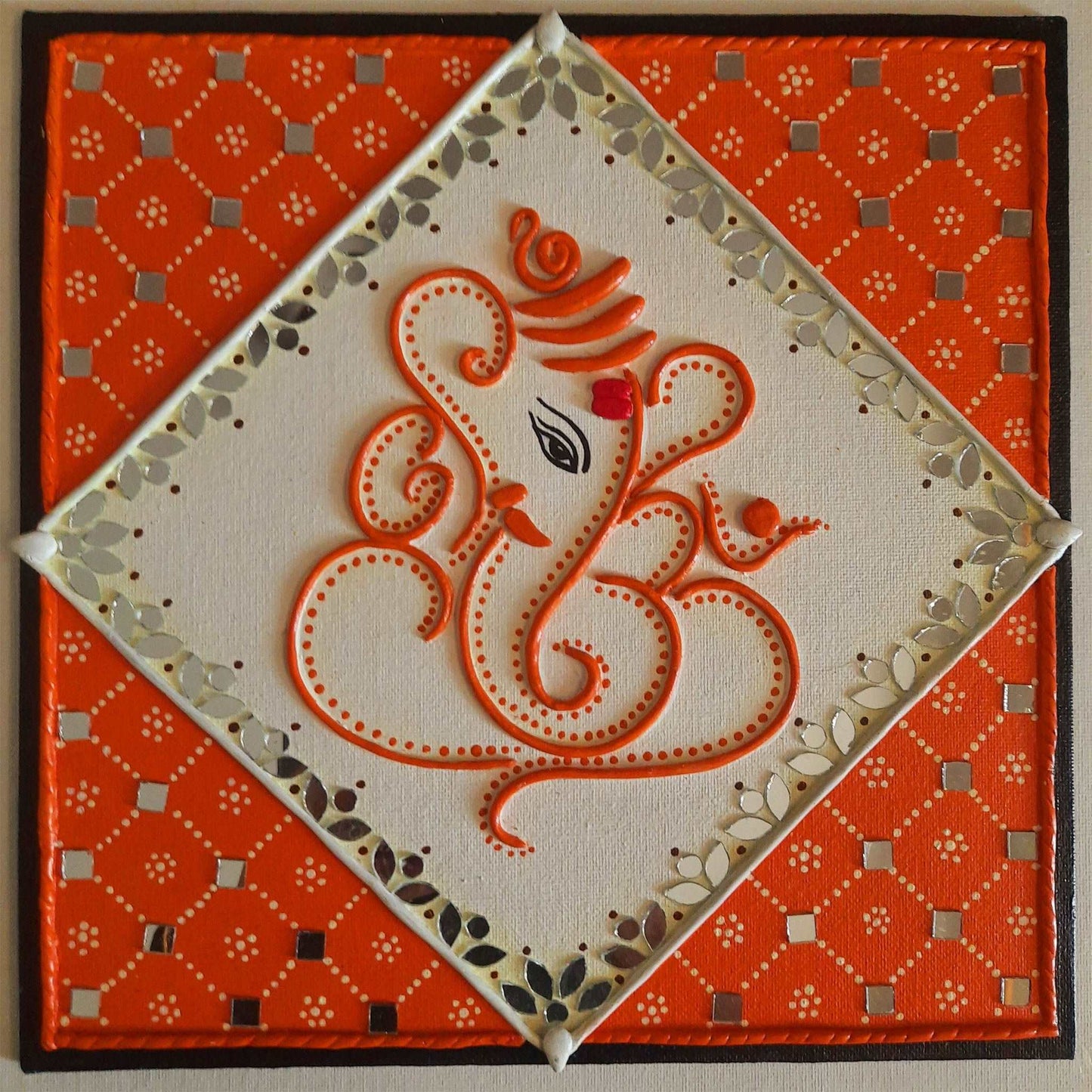 Ganesh Red Lipan Art With Mirror painting art on Canvas (10 x 10) gaonkasaman,ganesh,Red,lipan,mirror painting