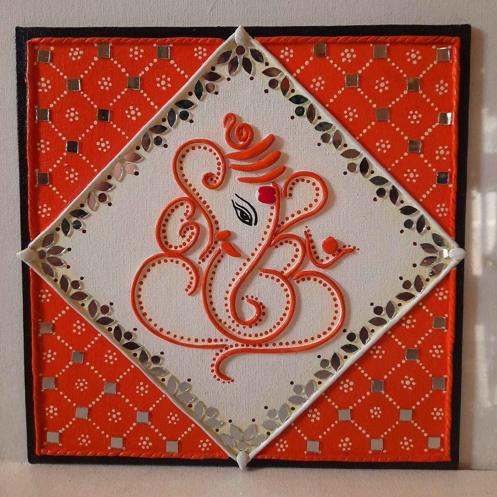 Ganesh Red Lipan Art With Mirror painting art on Canvas (10 x 10) gaonkasaman,ganesh,Red,lipan,mirror painting