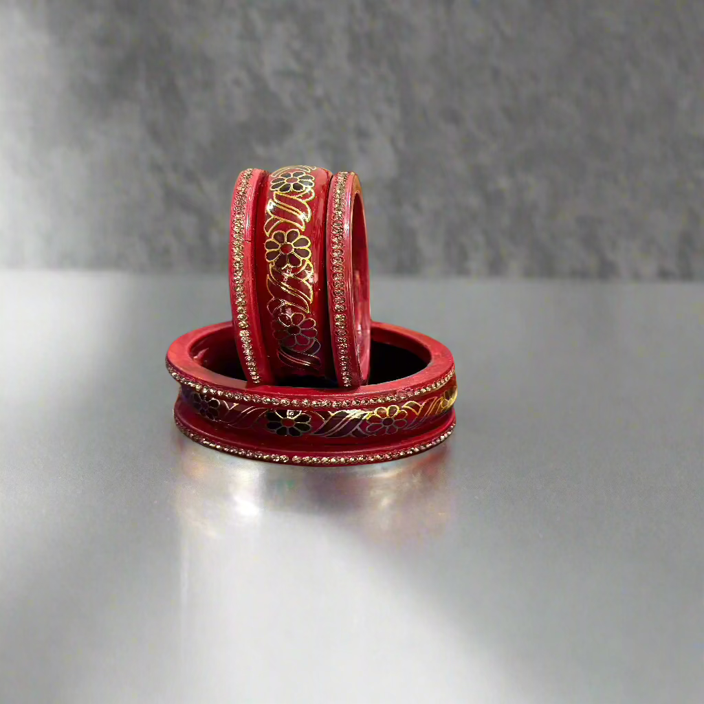 Red Lac Bangles with Golden Floral Vine Rhinestones | Set of 6 | for Women and Girls