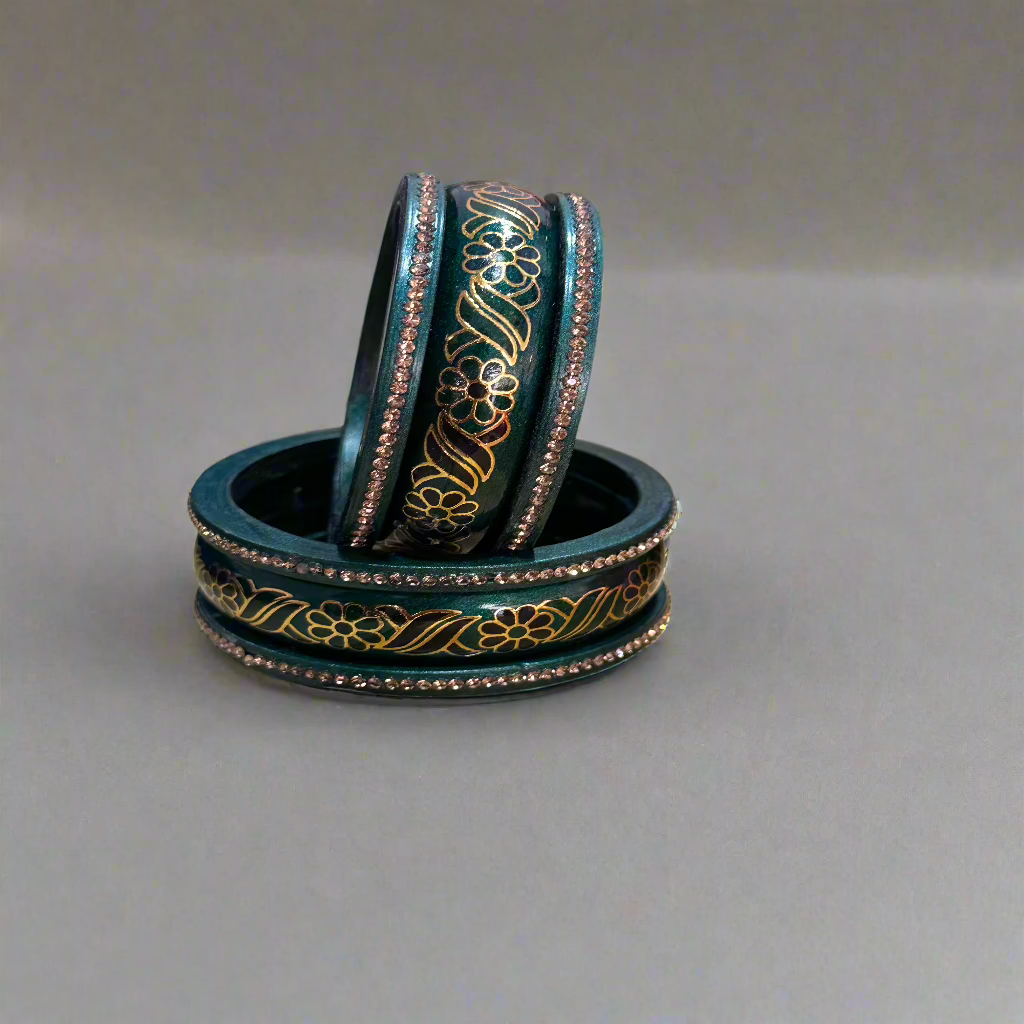 Green Lac Bangles with Golden Floral Vine Rhinestones | Set of 6 | for Women and Girls