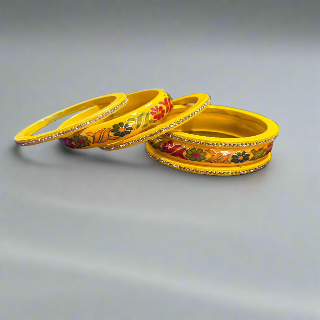 Yellow Lac Bangles with Golden Floral Vine Rhinestones | Set of 6 | for Women and Girls