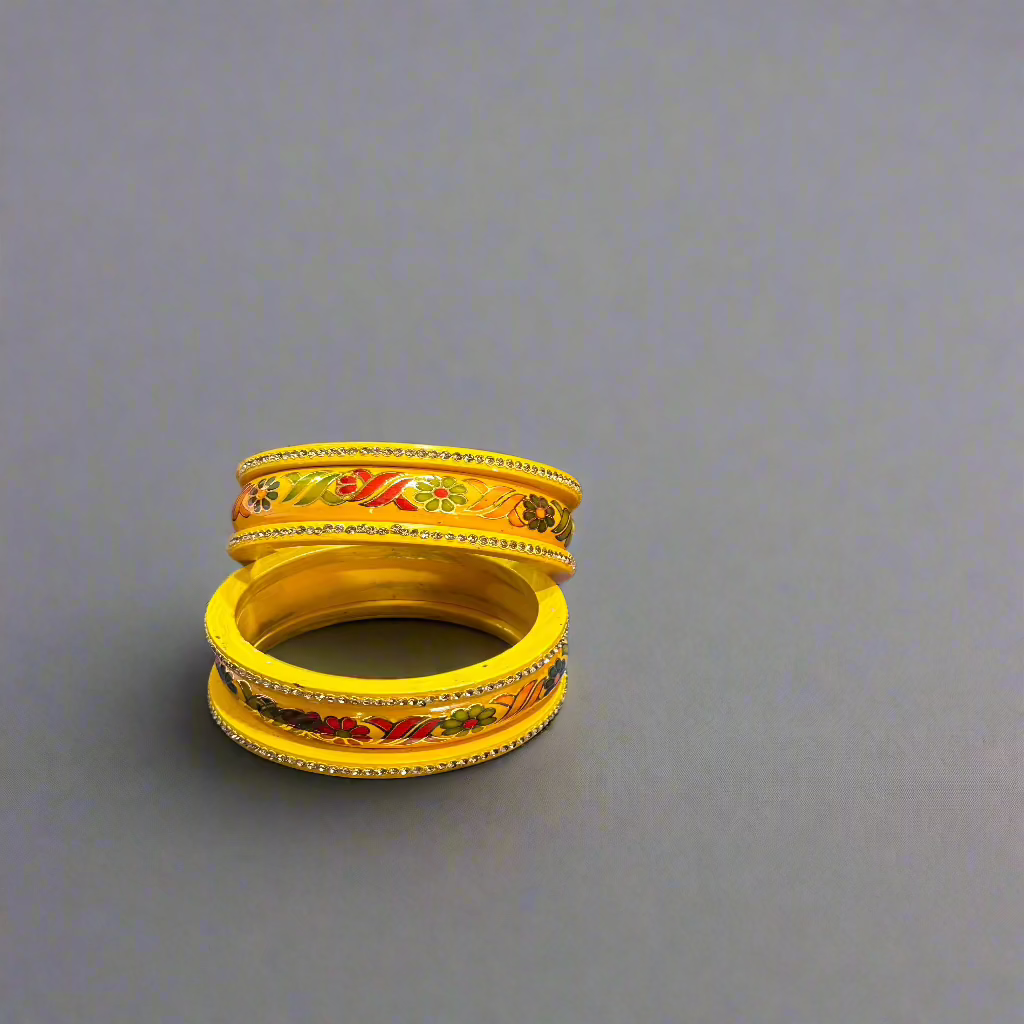 Yellow Lac Bangles with Golden Floral Vine Rhinestones | Set of 6 | for Women and Girls