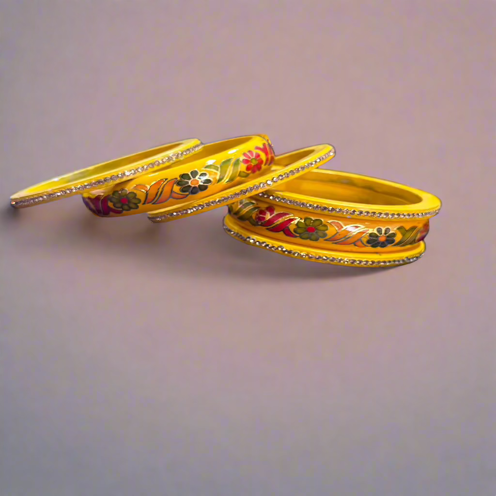 Yellow Lac Bangles with Golden Floral Vine Rhinestones | Set of 6 | for Women and Girls
