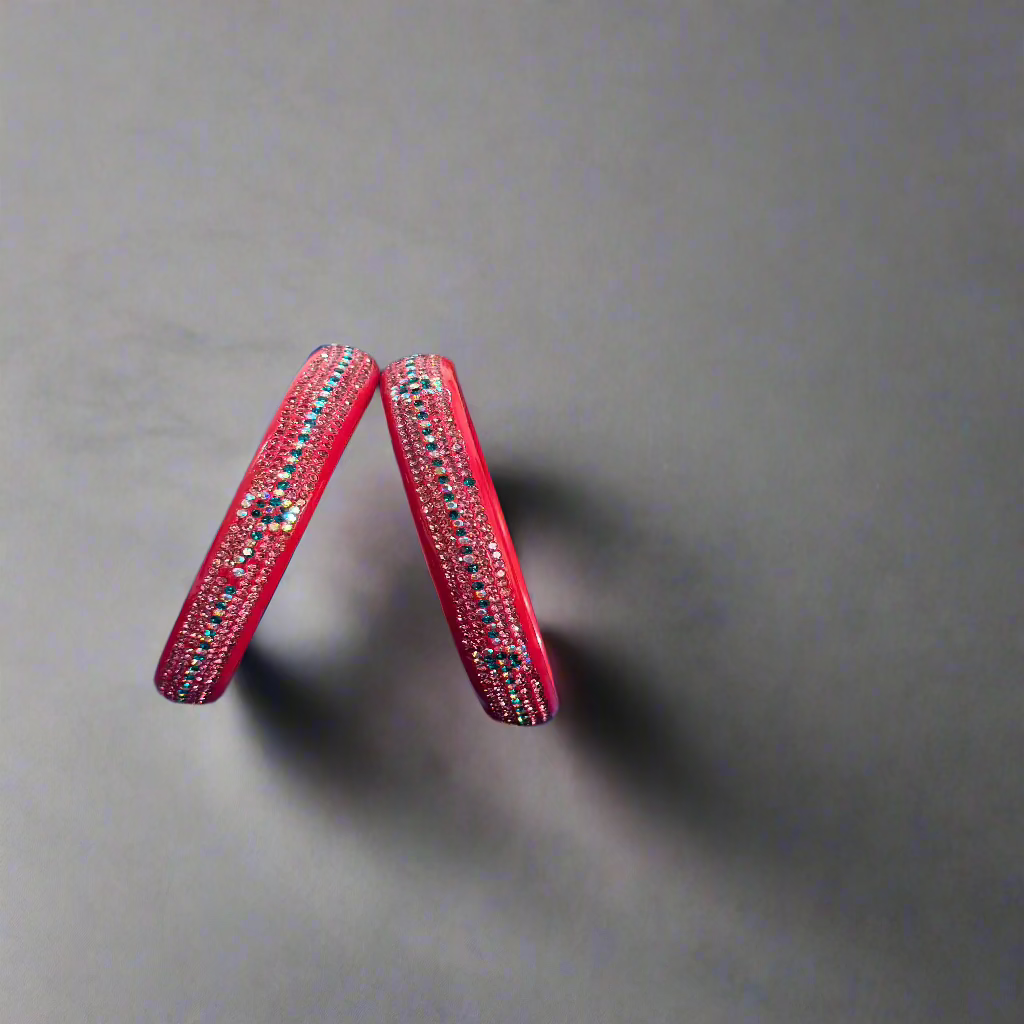 Pink Lac Bangles with Green and White Zircon Stones | Set of 2 | for Women and Girls