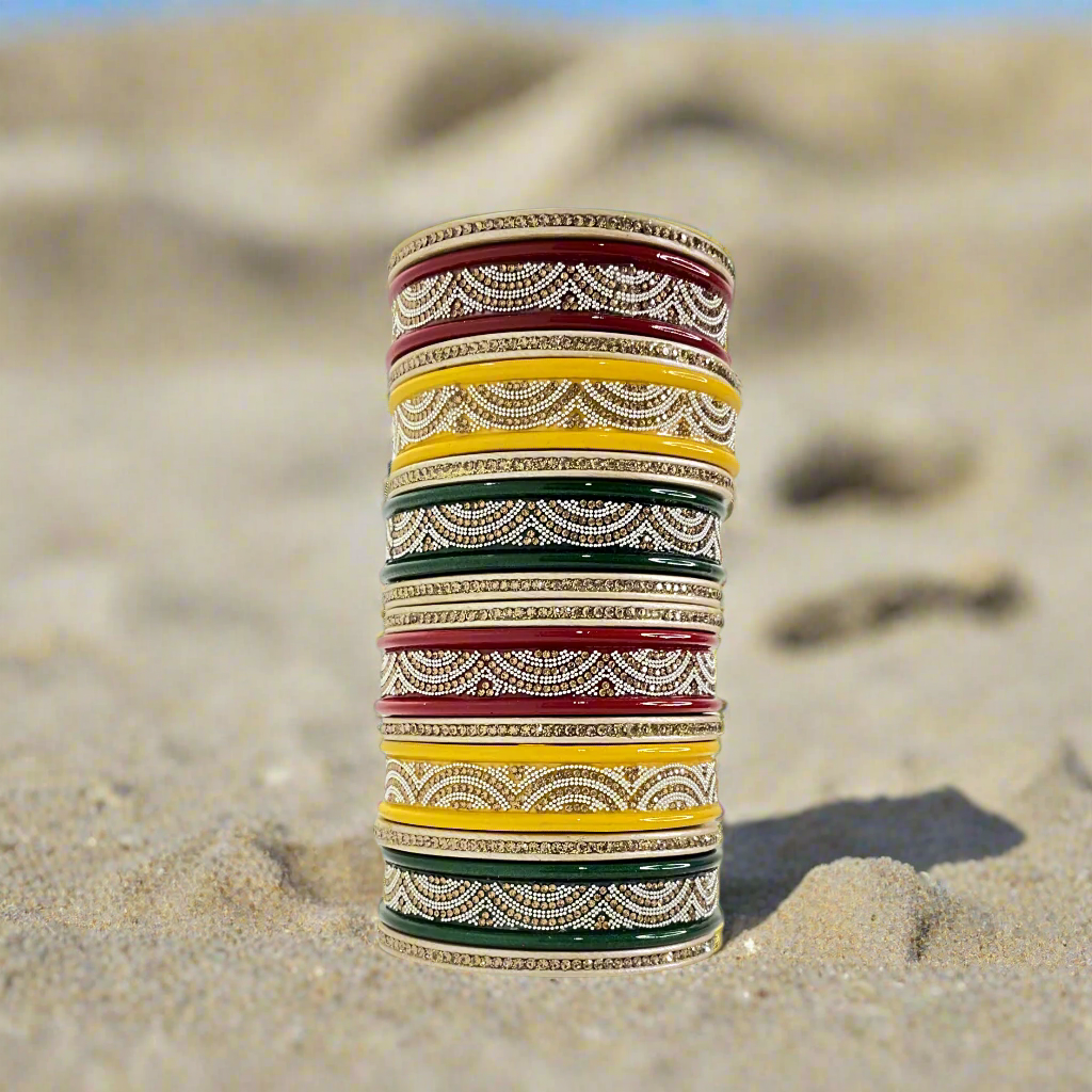 Red Yellow Green Semi-Bridal Lakh Bangles Set of 14 | Traditional Rajasthani Bangles | For Women and Girls