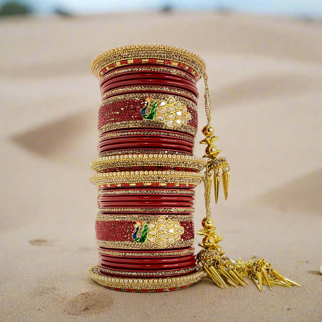 Mayuri Red Lakh wedding Chura Set with Latkans | Traditional Rajasthani Bangles | For Women and Girls