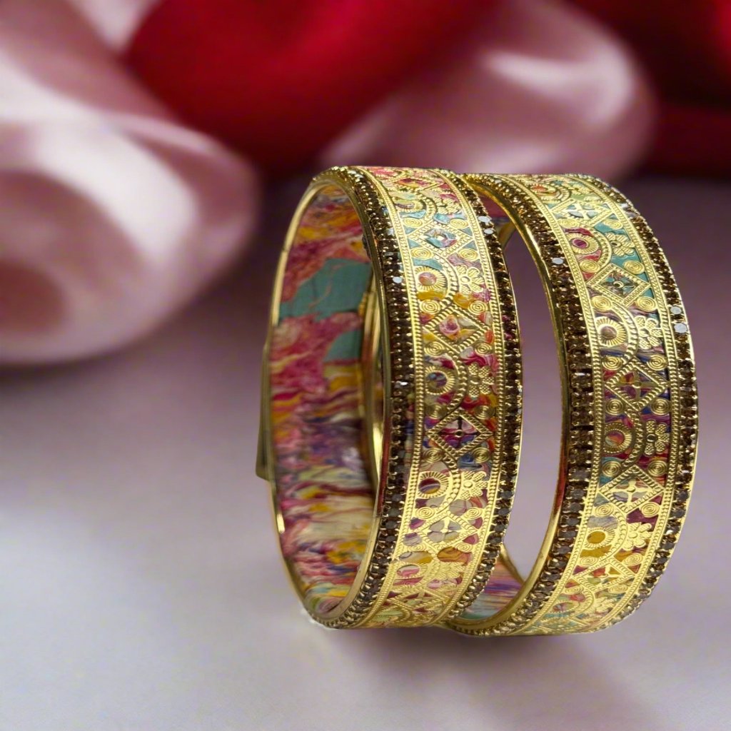 Gold Platted Floral Multicolor Lac Bangles | Traditional Jewelry
