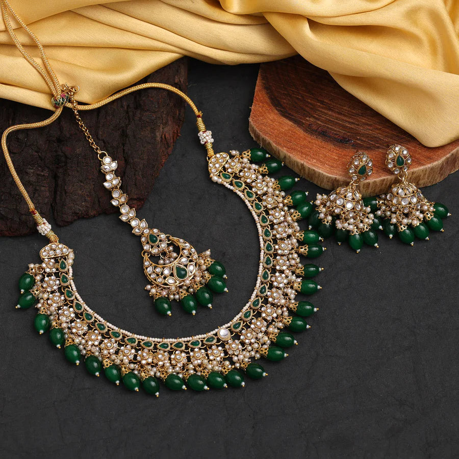 Maroon, Red & Green Color Kundan Necklace Set