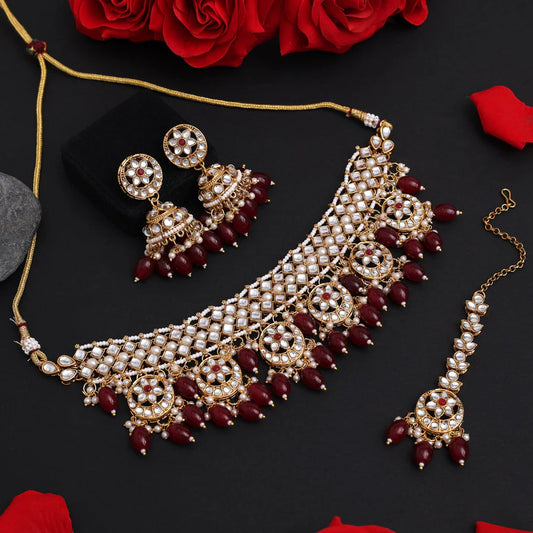 Gold, White, Maroon Color Choker Kundan Necklace Set