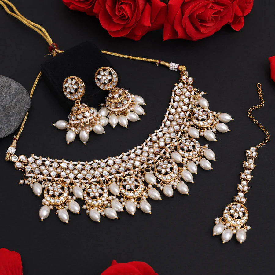 Gold, White, Maroon Color Choker Kundan Necklace Set