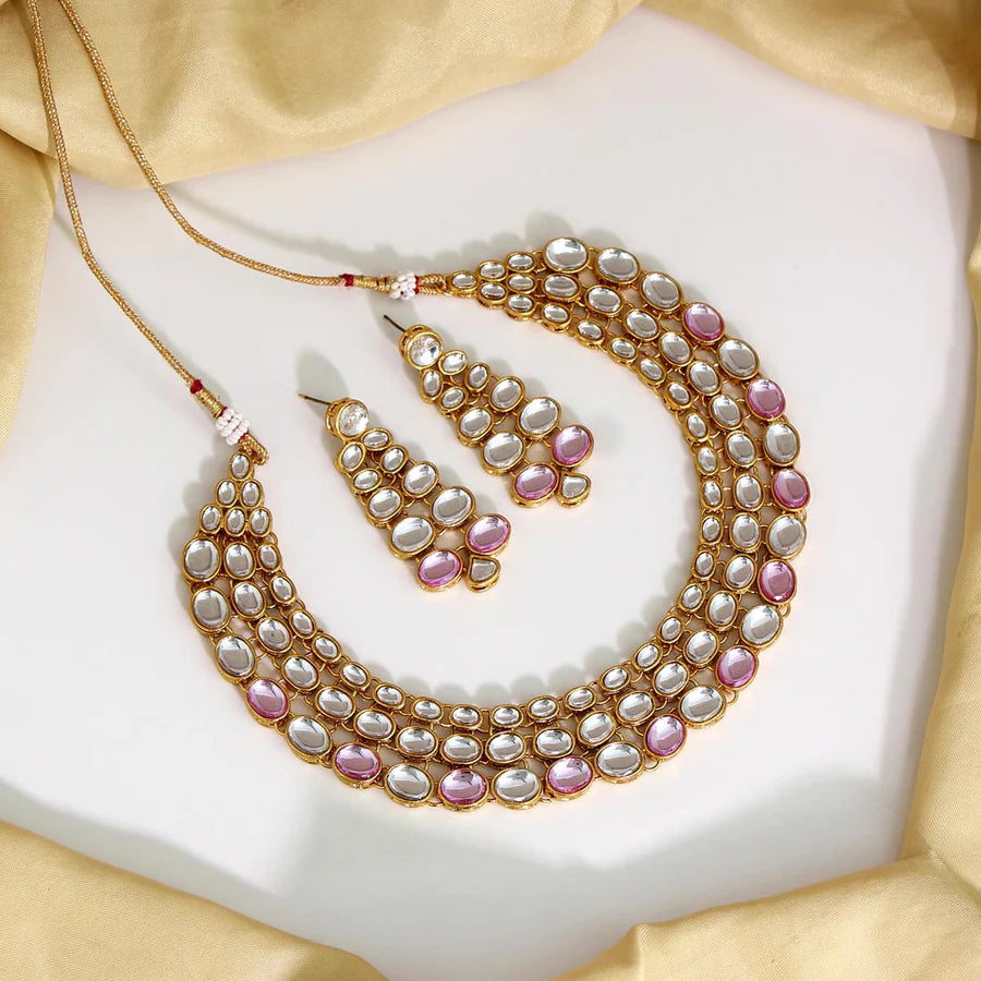 Gold and Pink Color Kundan Necklace Set