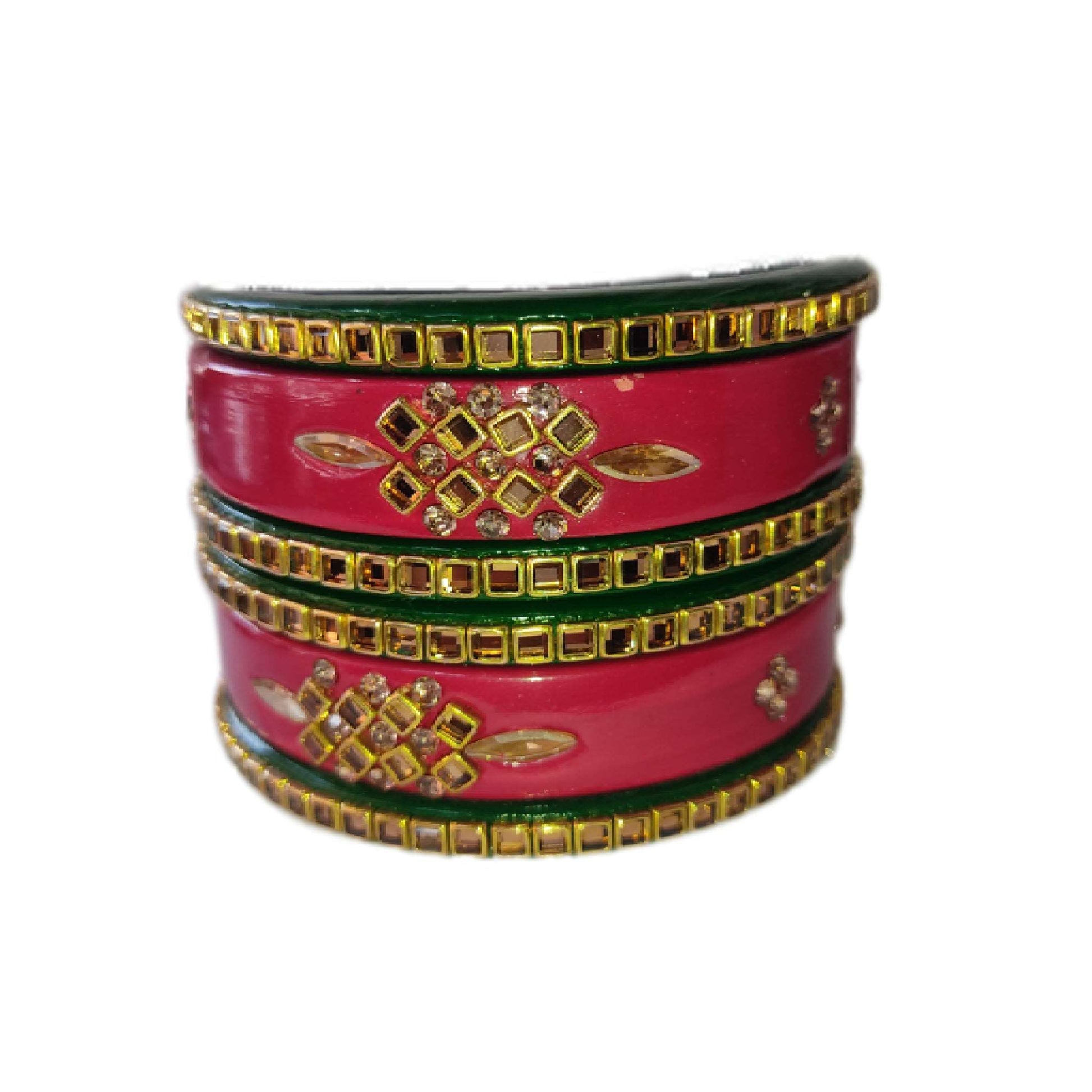 Kundan Diamond Red Green 5 Line Lac Bangle Set gaonkasaman