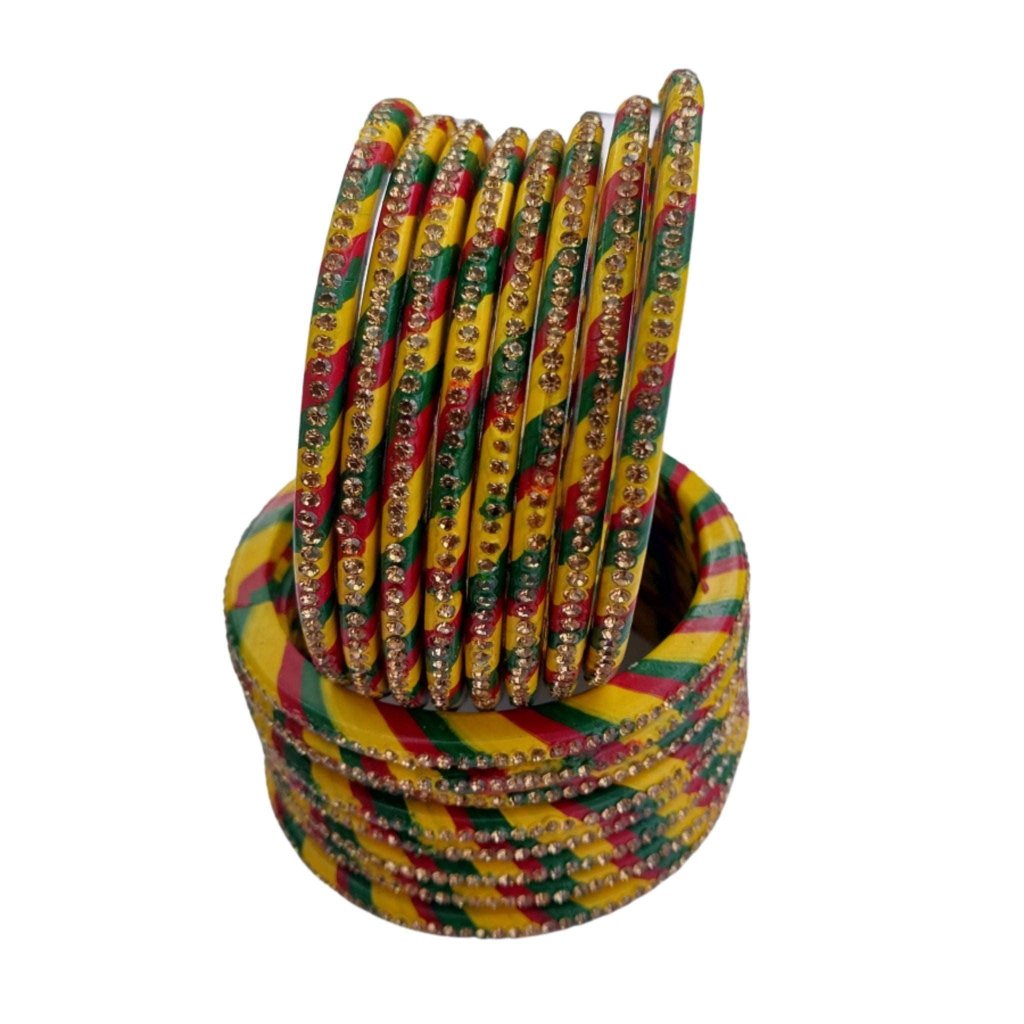 Rajasthani Traditional Red, Yellow, Green Leheriye Lac/Lakh Bangles/Churi Set For Women And Girls gaonkasaman