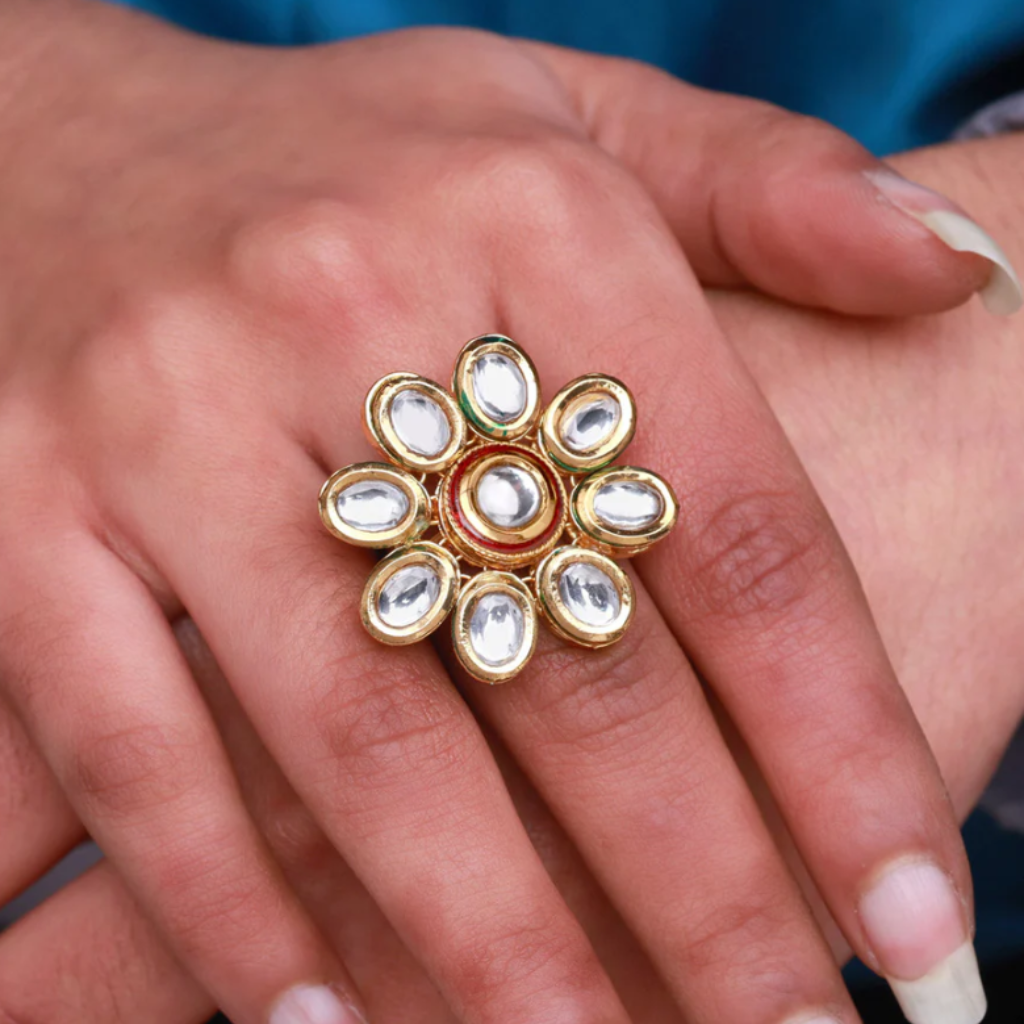 kundan ring,big kundan rings,floral,traditional
