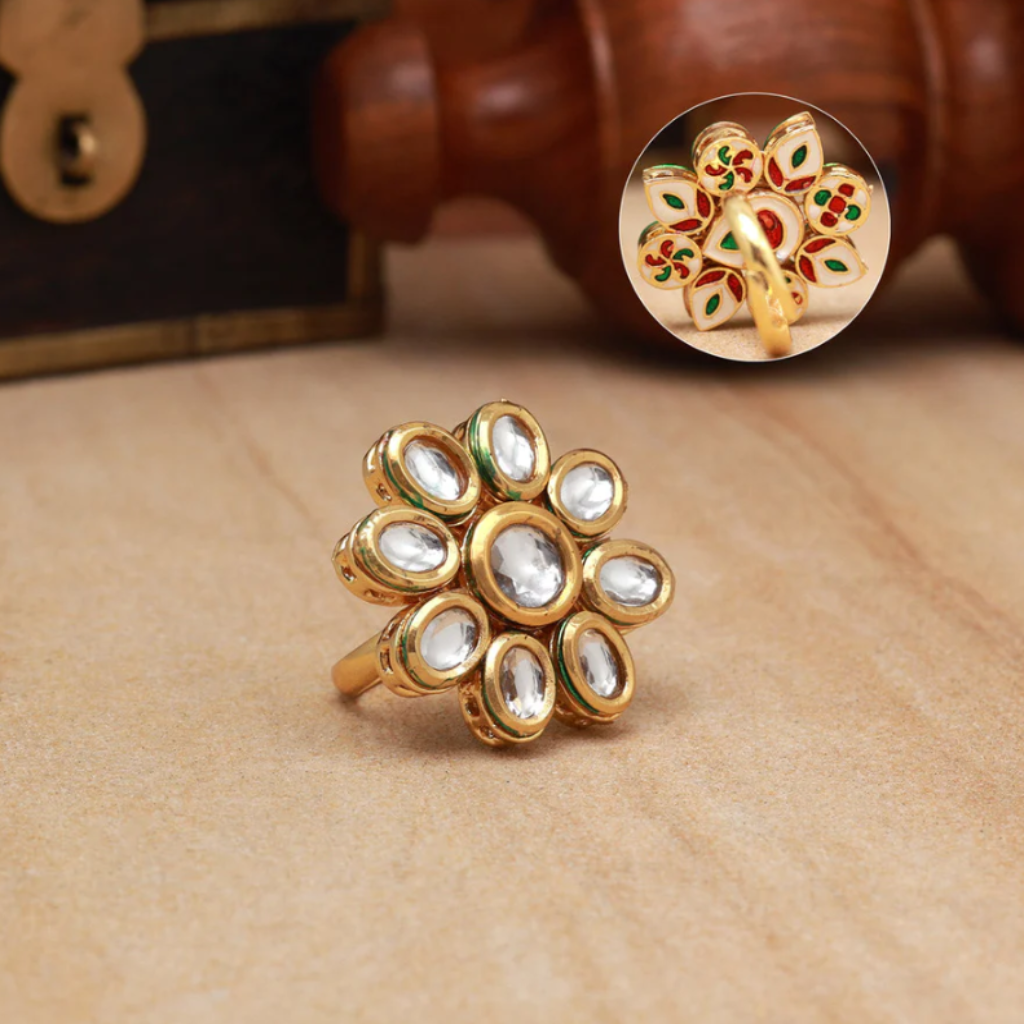 kundan ring,big kundan rings,floral,traditional