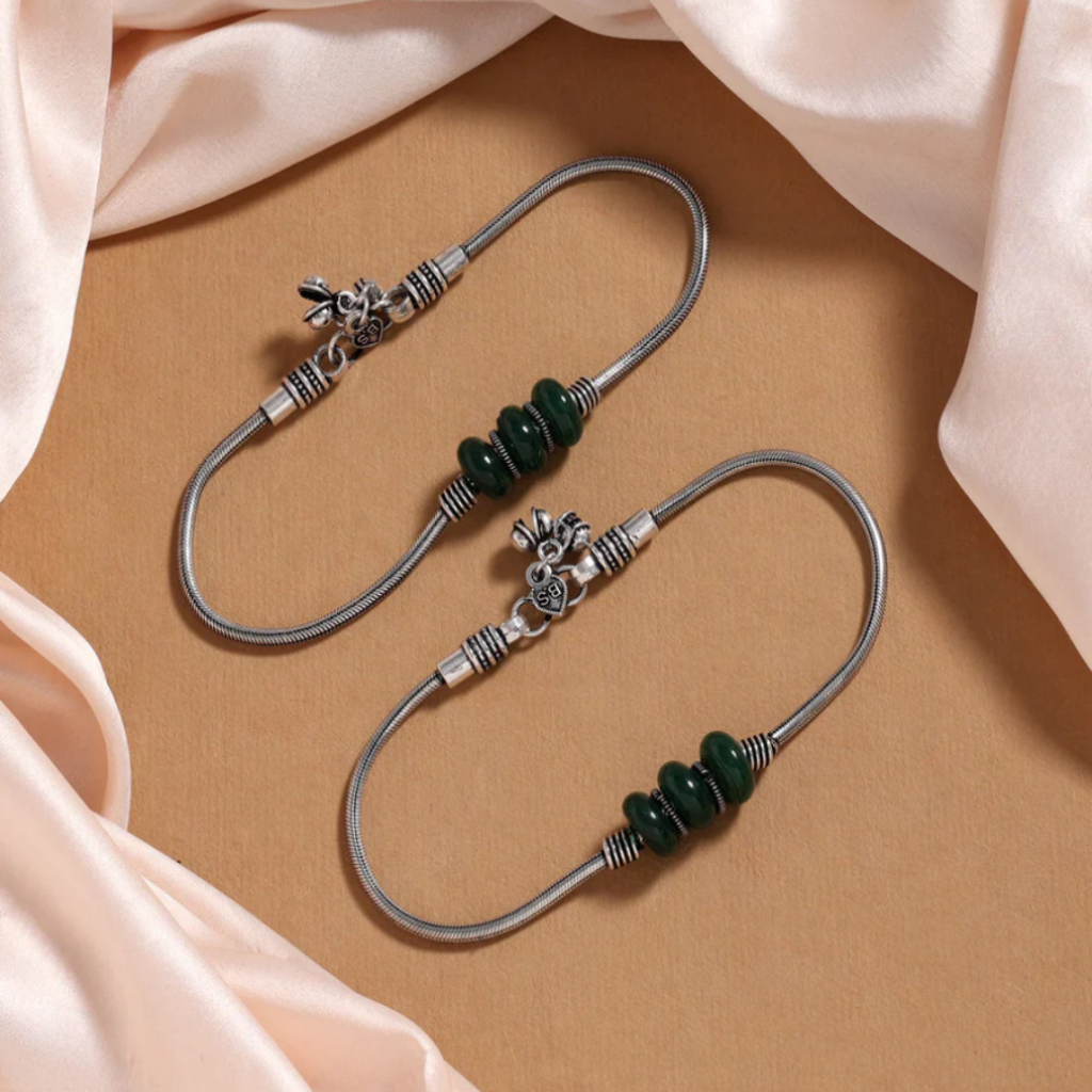 Royal Stoned Silver Oxidized Anklets | Traditional Jewelry for Girls and Women.