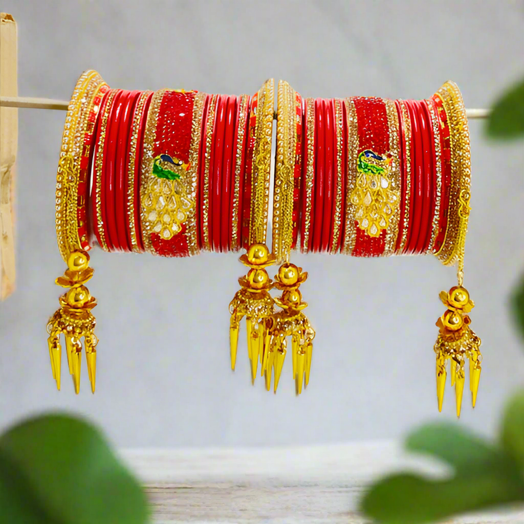 Mayuri Red Lakh wedding Chura Set with Latkans | Traditional Rajasthani Bangles | For Women and Girls