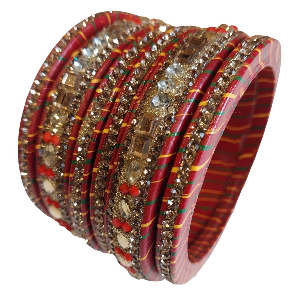 Traditional Mirror And Silver Stones Red Lahariya Bangle Lakh/Lac Bangle/Kadda/Chura Set For Women And Girls. gaonkasaman