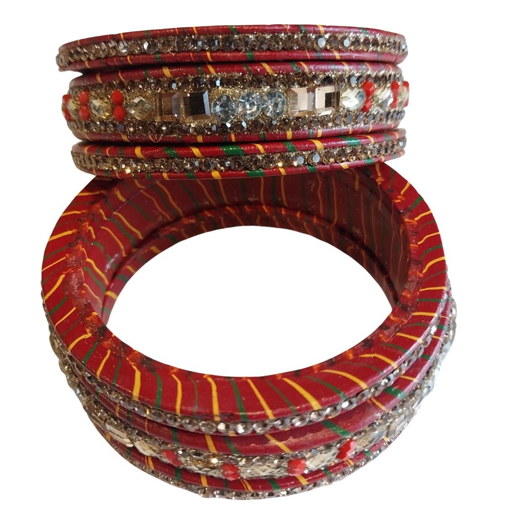 Traditional Mirror And Silver Stones Red Lahariya Bangle Lakh/Lac Bangle/Kadda/Chura Set For Women And Girls. gaonkasaman