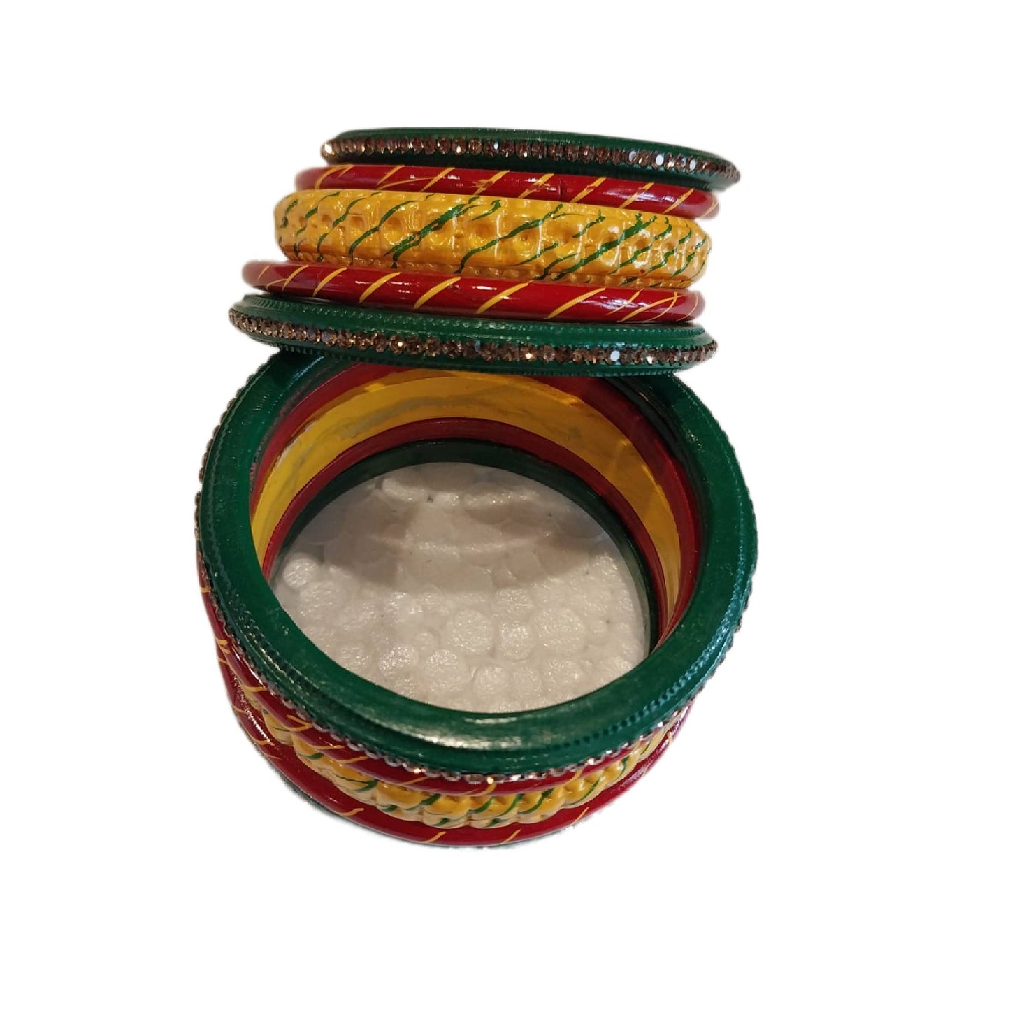 Traditional Rajasthani 3-Line Yellow, Red ,Green Lakh/Lac Bangle/Kadda/Chura Set For Women And Girls gaonkasaman