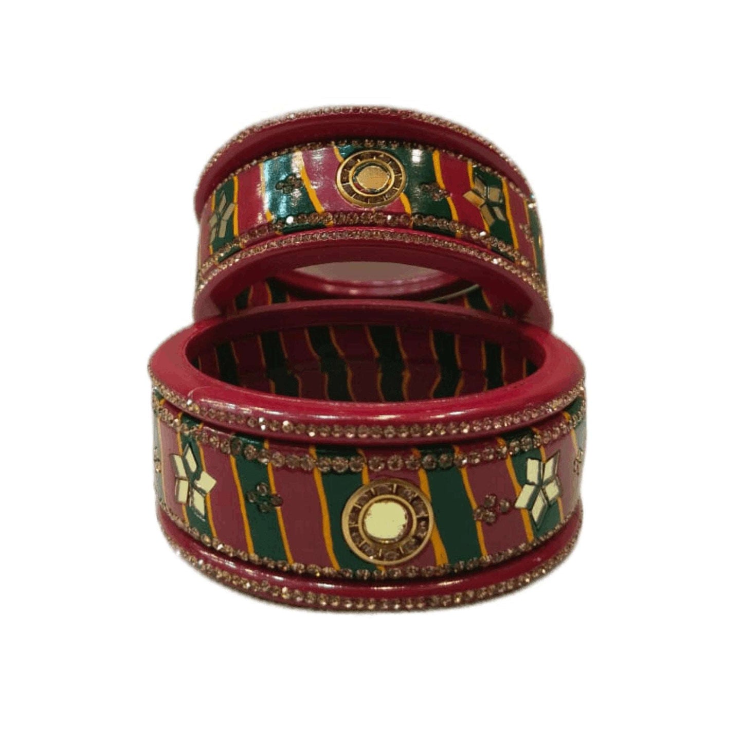 Traditional Red Green mirrors design Lahariya Lakh/Lac Bangles/kada/churi set For Women And Girls gaonkasaman