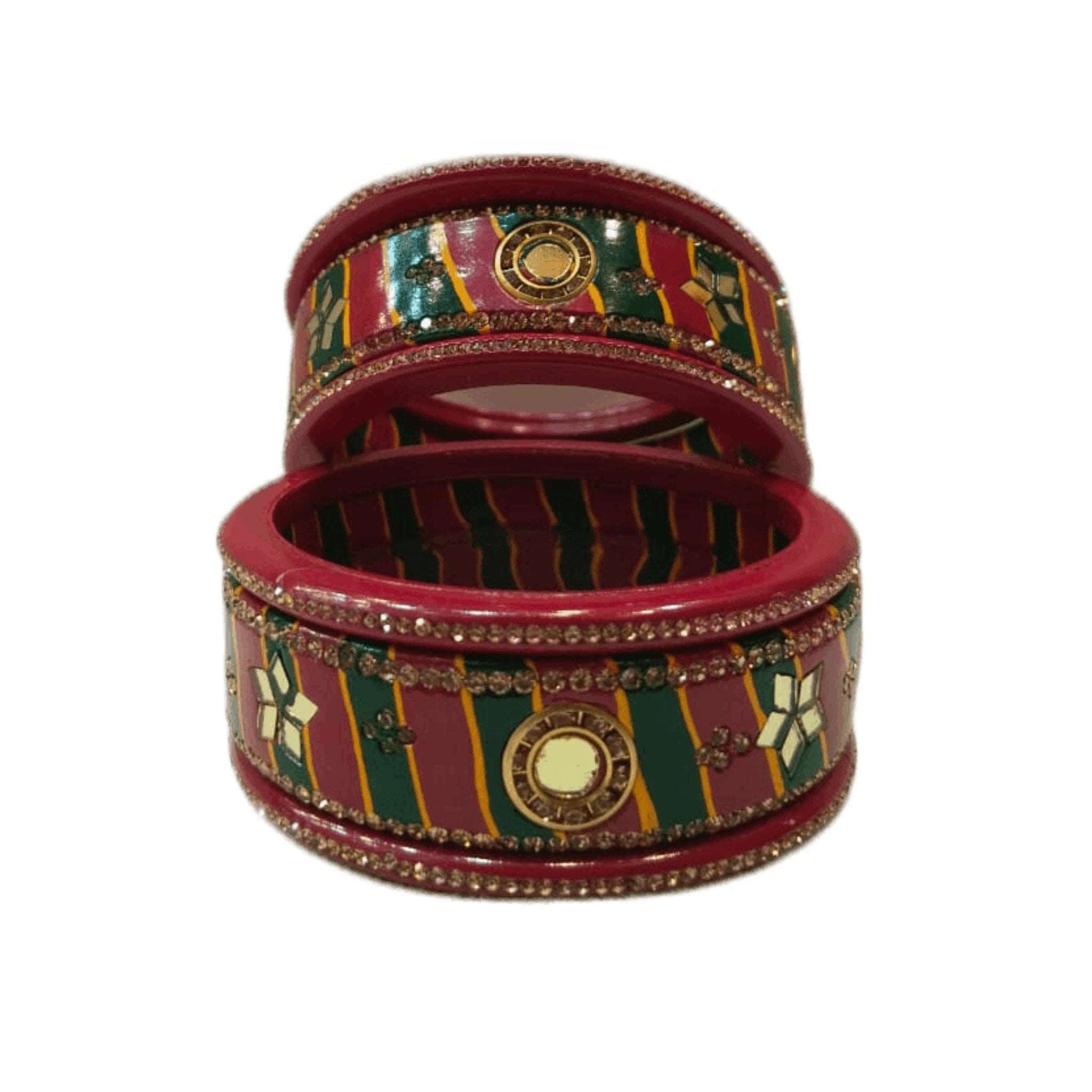 Traditional Red Green mirrors design Lahariya Lakh/Lac Bangles/kada/churi set For Women And Girls gaonkasaman