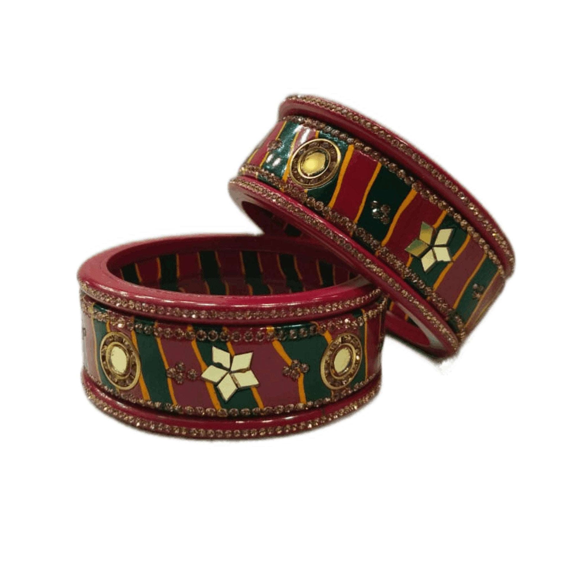 Traditional Red Green mirrors design Lahariya Lakh/Lac Bangles/kada/churi set For Women And Girls gaonkasaman