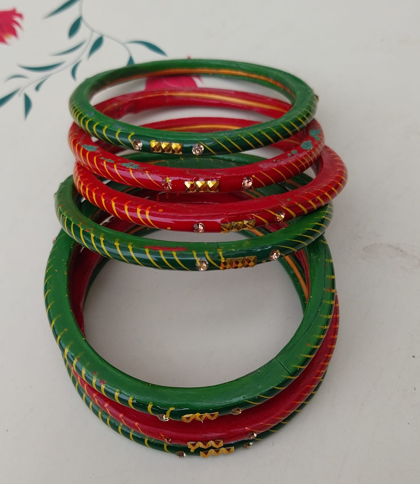 Red & Green Rajasthan Golden stone Lehariya design | traditional Bangles | for women and girls